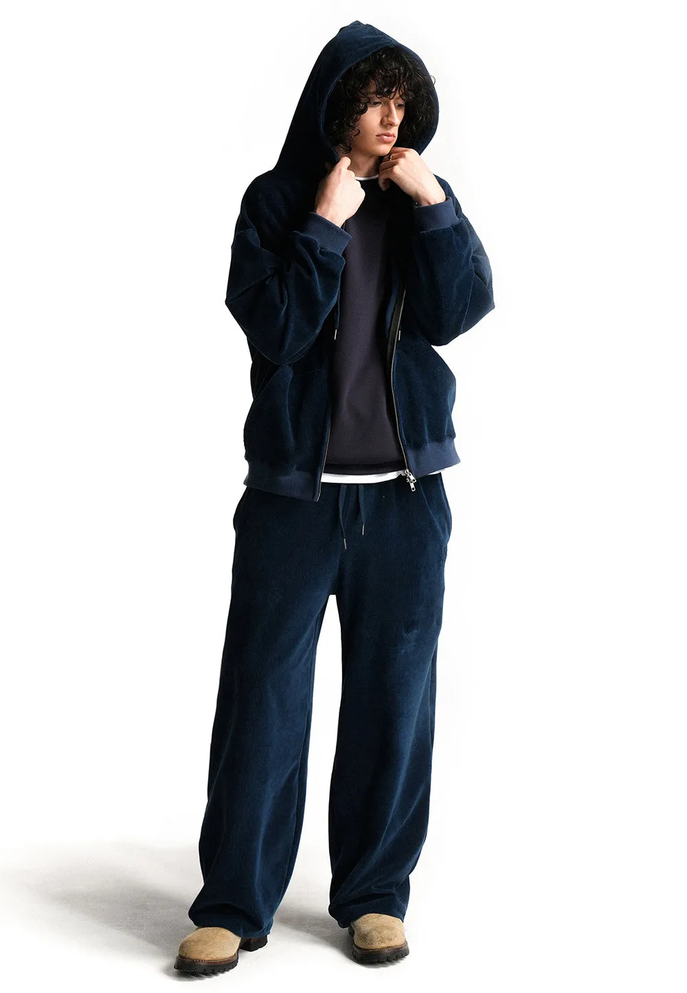 Velour corduroy hood zip-up blue