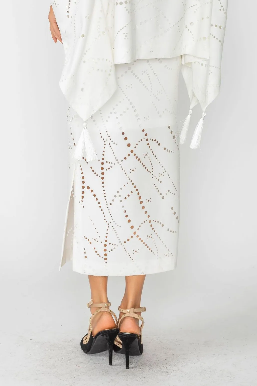White Perforated Patterns Pencil Skirt