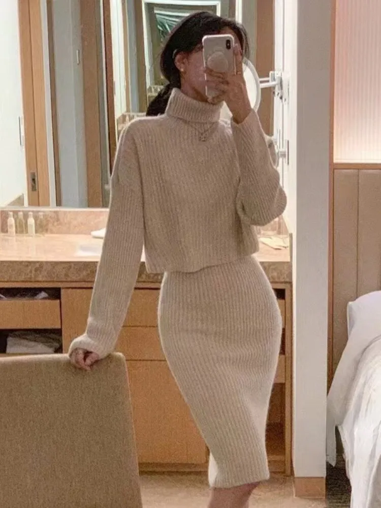 Wjczt Dresses for Women 2022 Knitted Dress Autumn Winter New Wool Dress Set Skirt Two Piece Sets Womens Outifits Long Sleeve Sweaters
