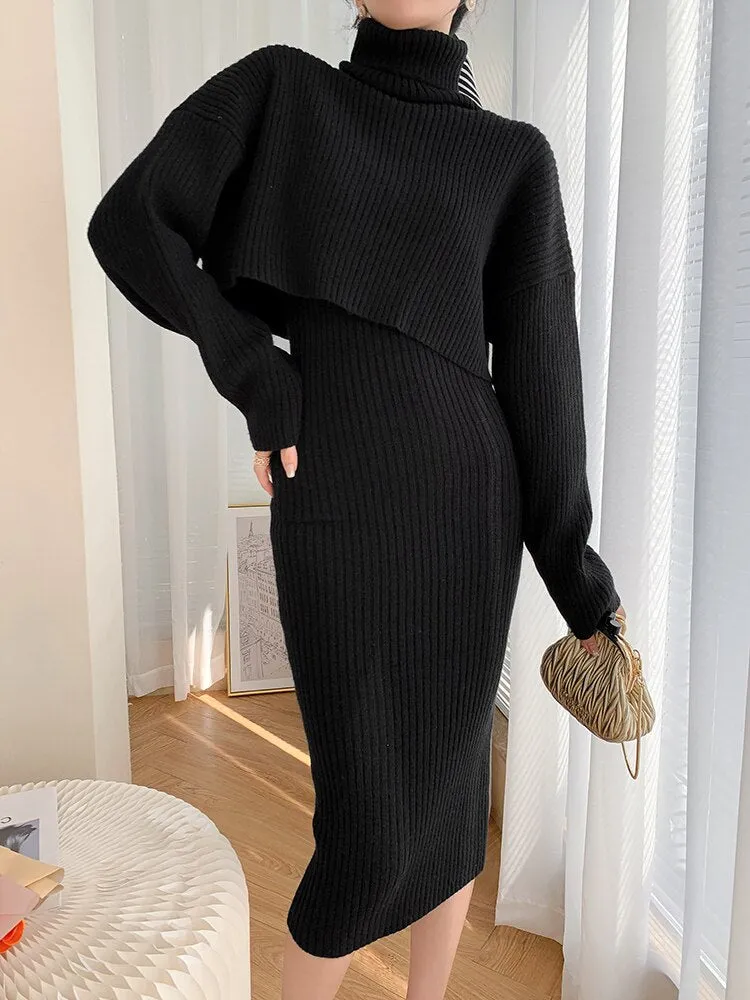 Wjczt Dresses for Women 2022 Knitted Dress Autumn Winter New Wool Dress Set Skirt Two Piece Sets Womens Outifits Long Sleeve Sweaters