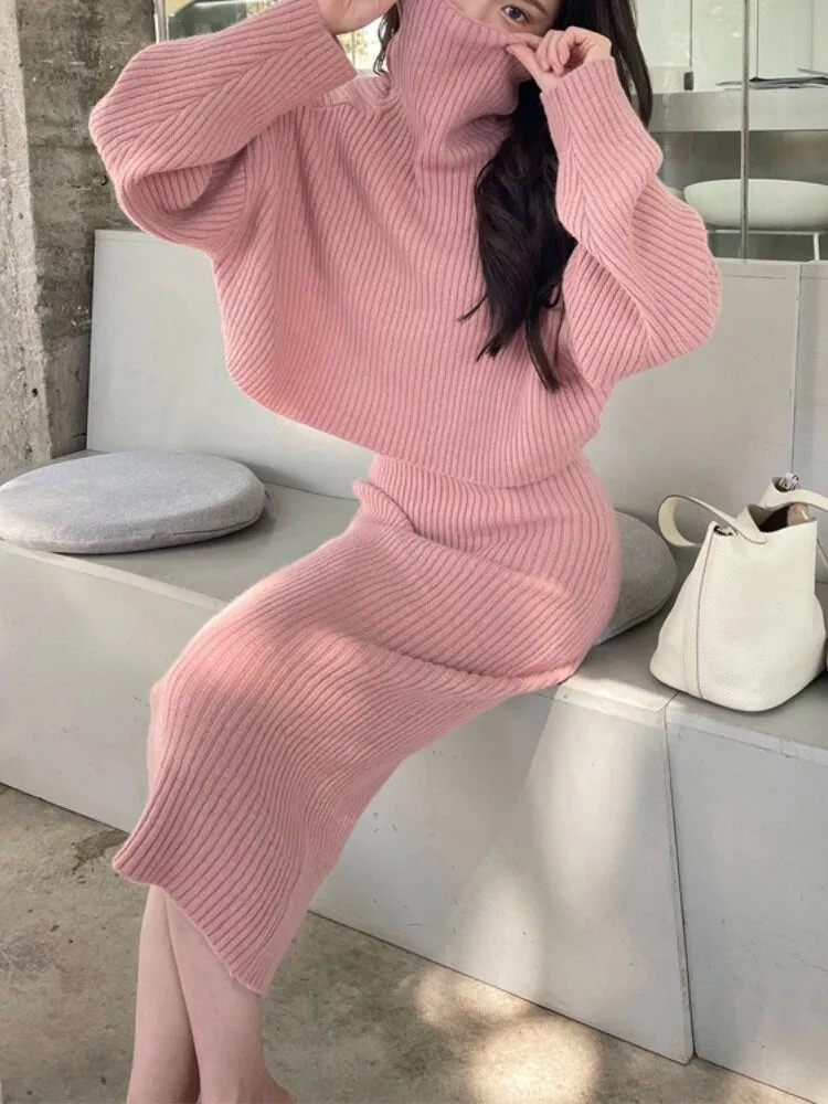 Wjczt Dresses for Women 2022 Knitted Dress Autumn Winter New Wool Dress Set Skirt Two Piece Sets Womens Outifits Long Sleeve Sweaters