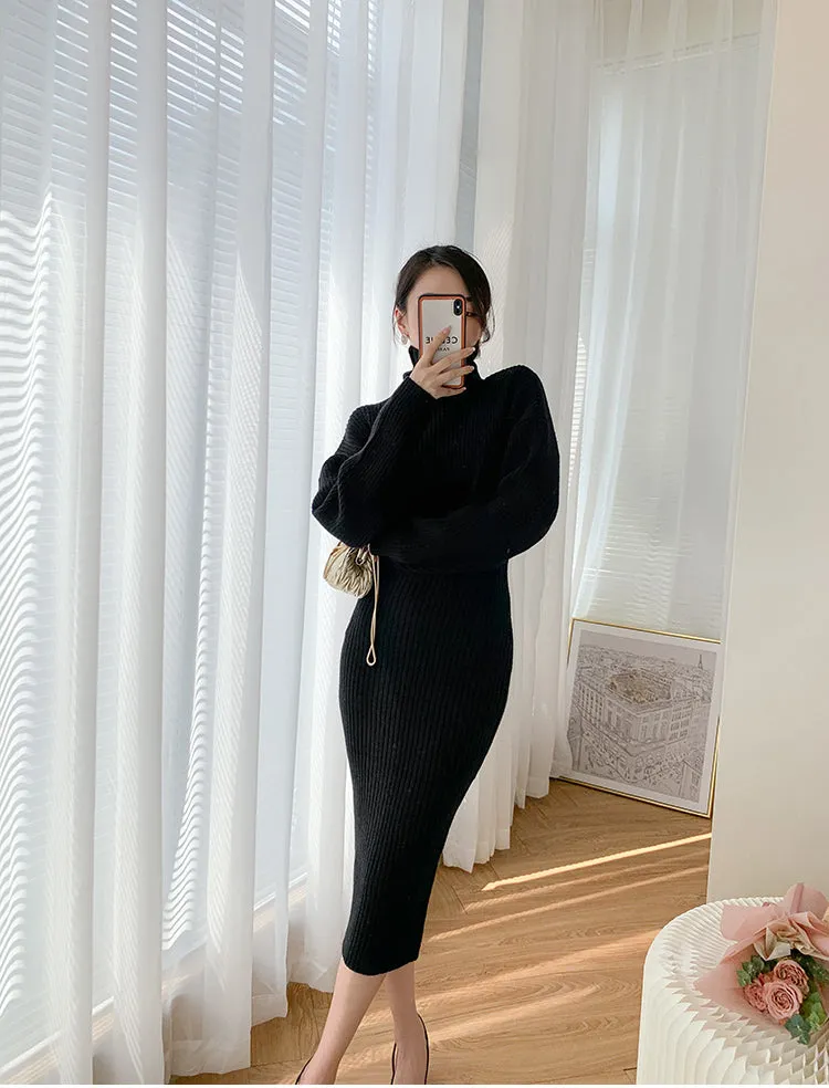 Wjczt Dresses for Women 2022 Knitted Dress Autumn Winter New Wool Dress Set Skirt Two Piece Sets Womens Outifits Long Sleeve Sweaters