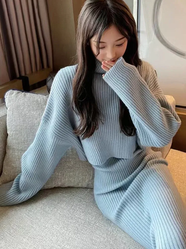 Wjczt Dresses for Women 2022 Knitted Dress Autumn Winter New Wool Dress Set Skirt Two Piece Sets Womens Outifits Long Sleeve Sweaters