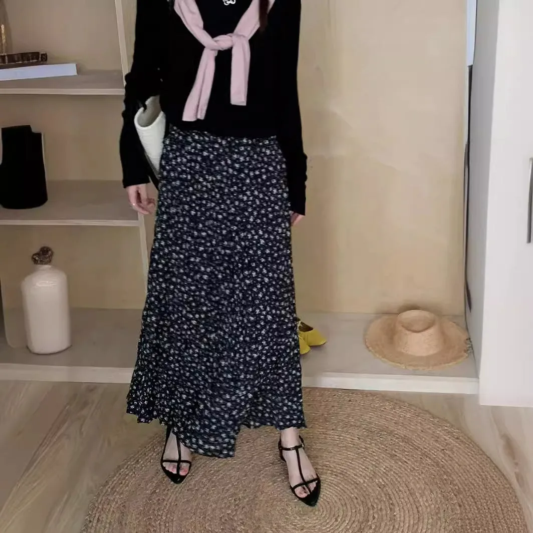 Wjczt teacher outfits Linuo Chiffon Floral Pleated Skirt for Women 2024 New Elegant Slimming A- line High Waist Dress