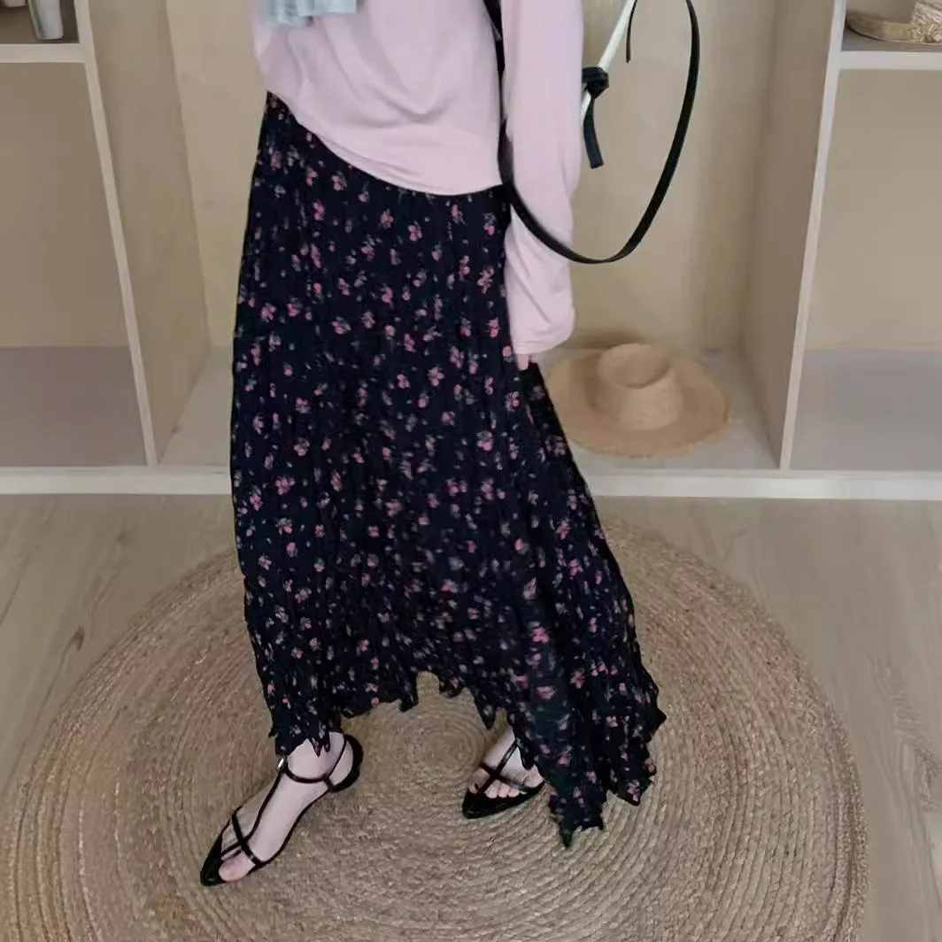 Wjczt teacher outfits Linuo Chiffon Floral Pleated Skirt for Women 2024 New Elegant Slimming A- line High Waist Dress
