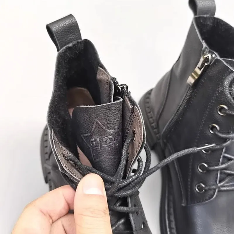 Women's Leather Big Toe Lace up Ankle Boot Side Zip Martin Boots Fleece Lined in Black/Brown
