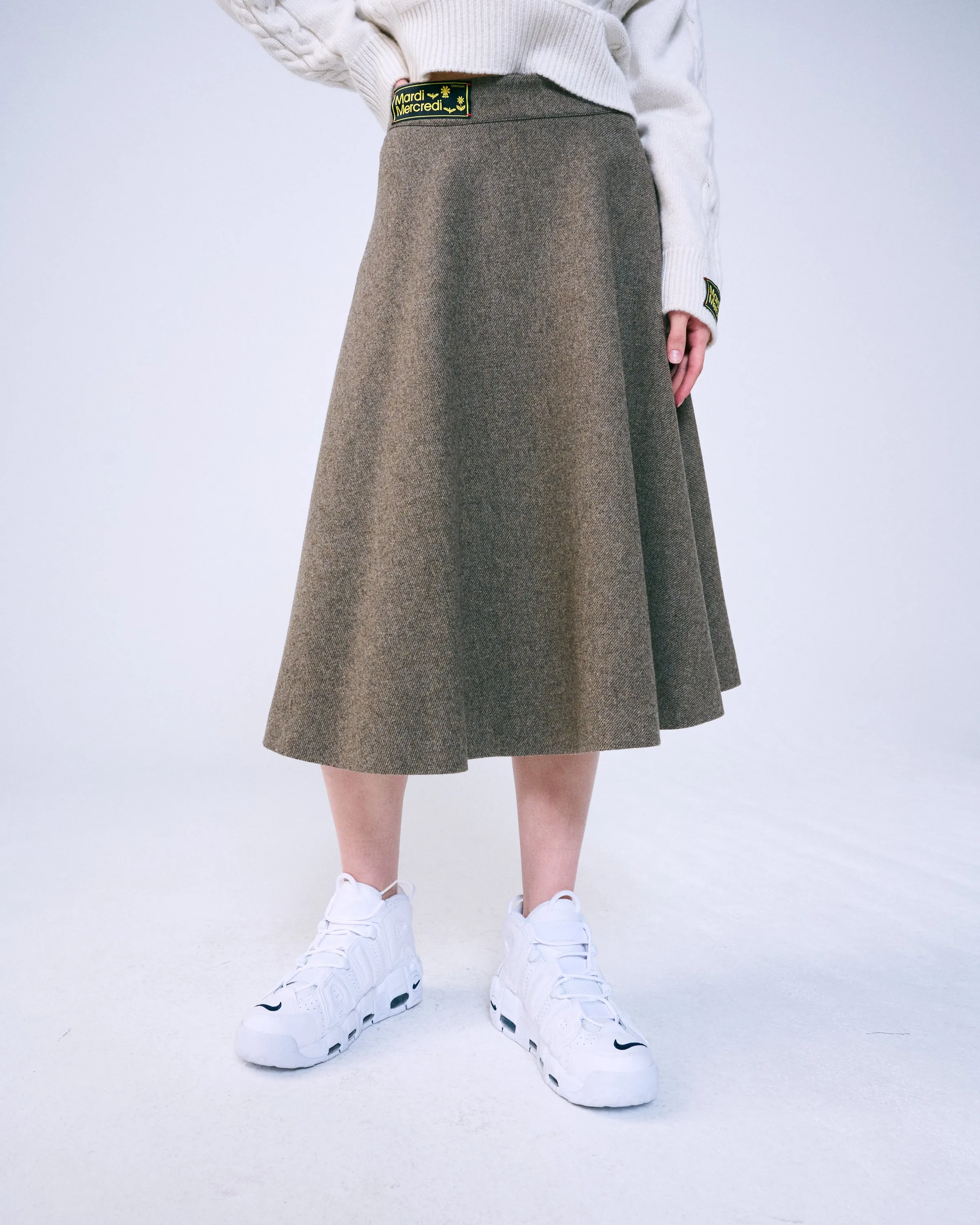 WOOL MIDI FLARE SKIRT TWILL (BROWN)